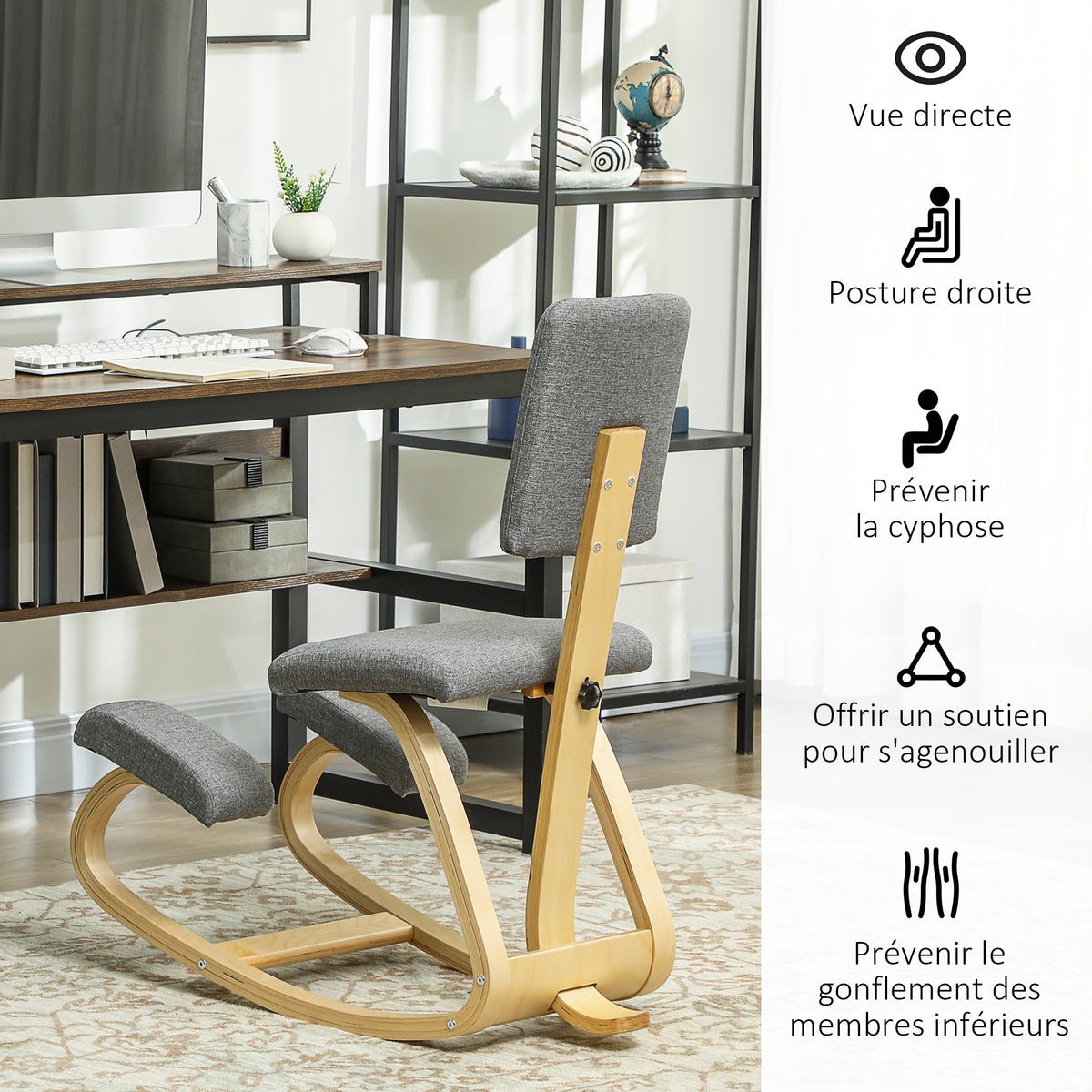 Siège assis genoux, siège ergonomique en bois à bascule avec dossier, chaise à genoux pour bureau à domicile, gris-4
