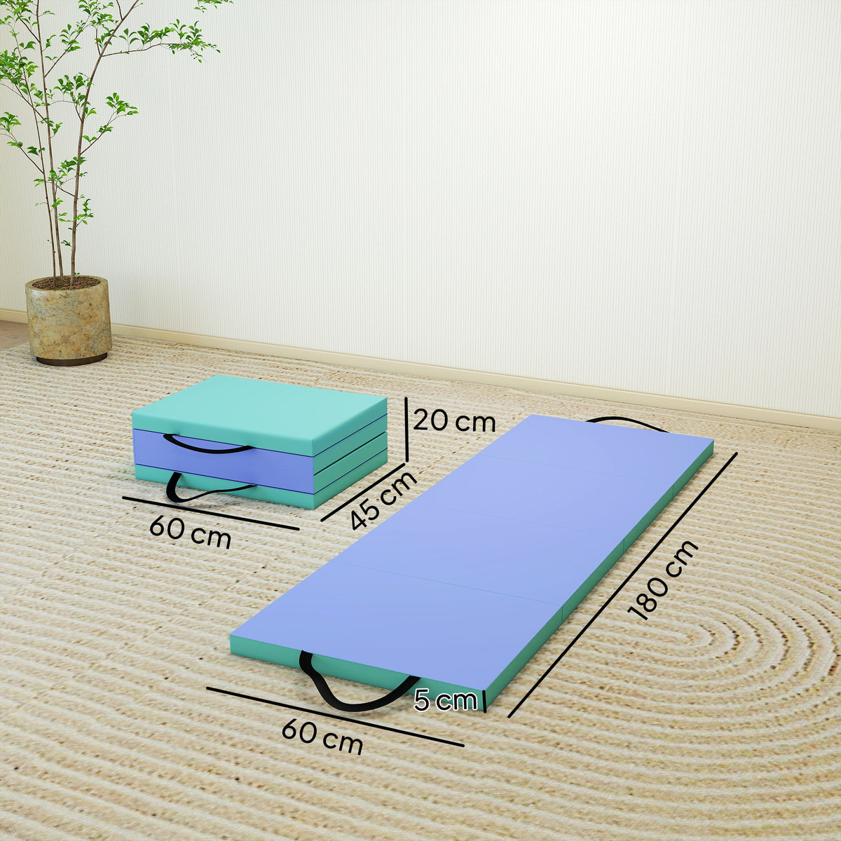 Tapis de gymnastique pliable portable, tapis de sport épais en 4 parties avec poignées, 180 x 60 x 5 cm, vert et violet-2