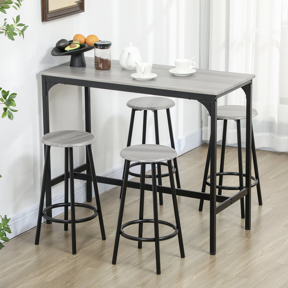 Ensemble table haute et 4 tabourets avec Repose-Pieds, métal noir et aspect bois pour cuisine salle à manger-1
