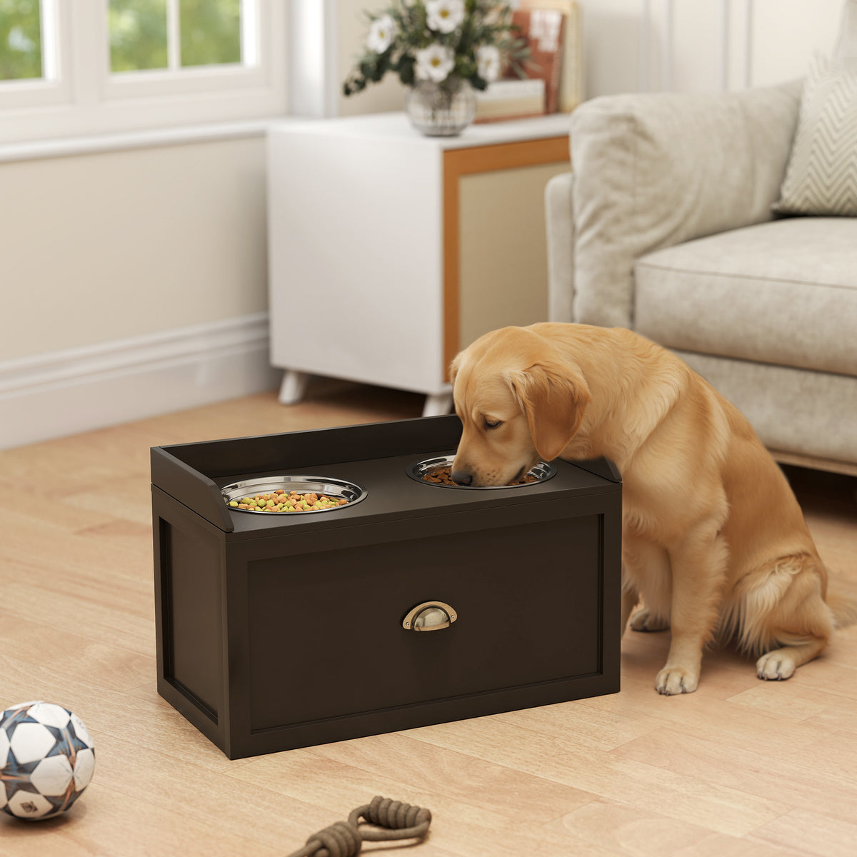 Gamelles Chiens Surélevées, Porte-Gamelles Surélevé Rangement 2 en 1, Tiroir, 2 Gamelles, 60x30x36cm, Marron Café-1