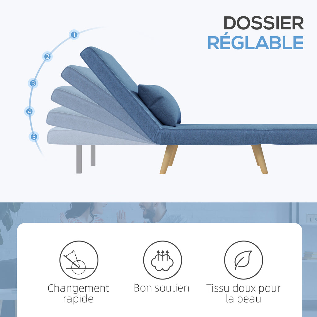 Fauteuil chauffeuse convertible 3 en 1 lit fauteuil lit 1 place dossier 5 positions en tissu avec coussin, bleu-4