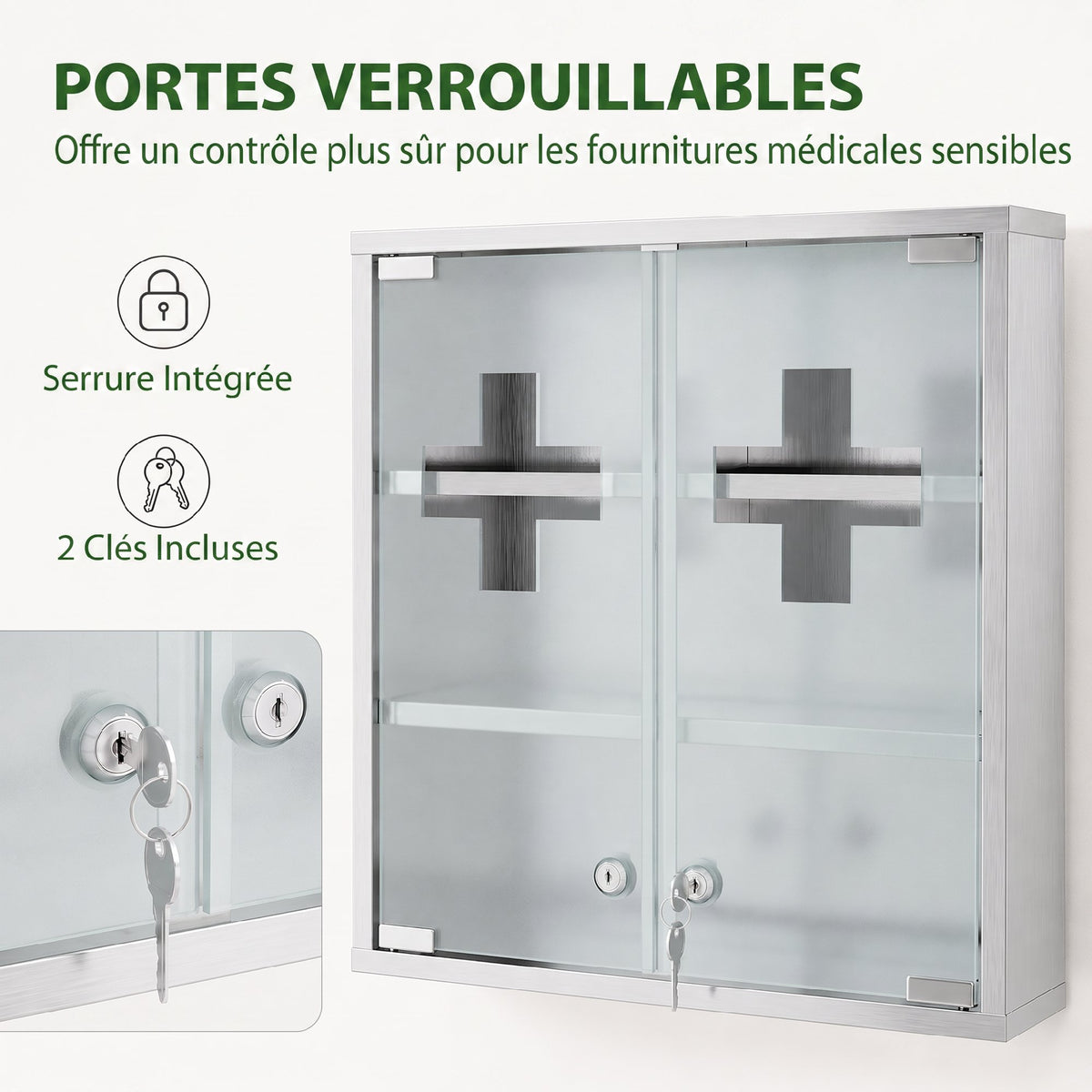 Armoire à pharmacie murale avec portes en verre verrouillables 2 clés, étagères de rangement, 46 x 12 x 48 cm, argenté-4