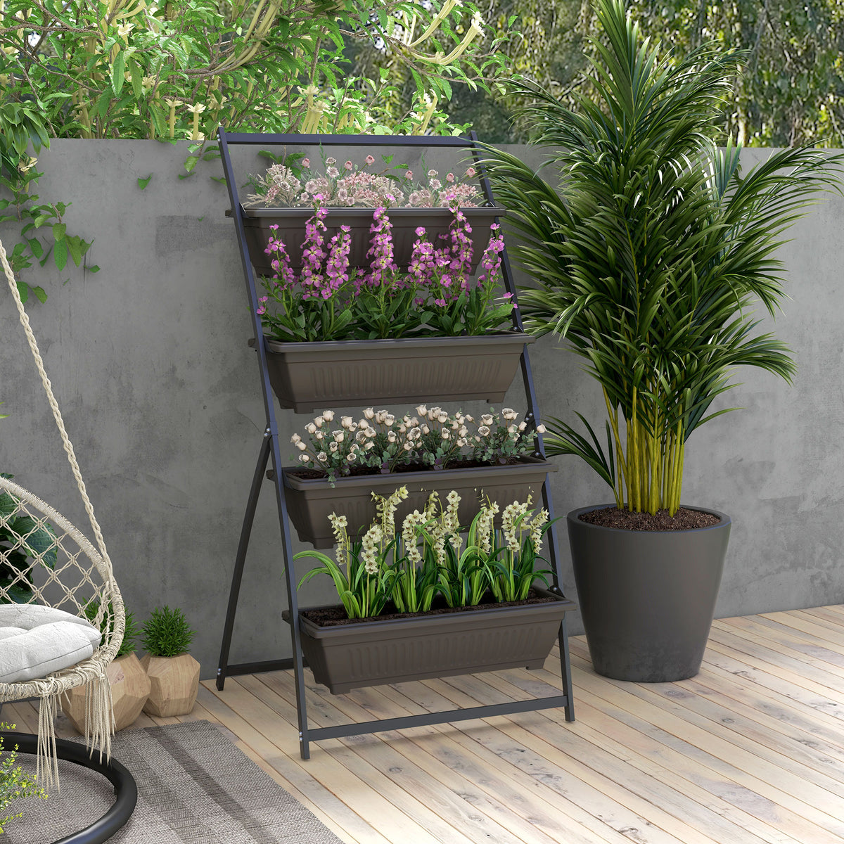 Étagère à Fleurs en Acier 4 Niveaux, Support de Plantes Vertical avec 4 Bacs et Trous de Drainage, 76x79x162cm, Marron-1