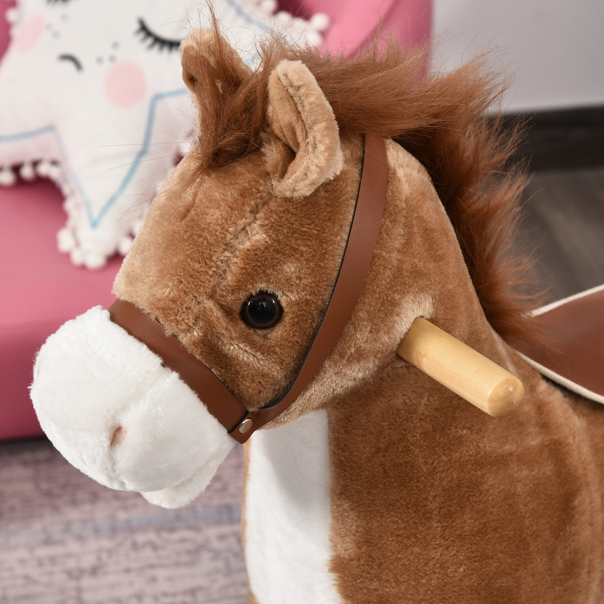 Cheval à Bascule Selle Grand Confort Peluche Courte Douce Bois peuplier Brun dim. 65L x 32,5l x 61H cm-7