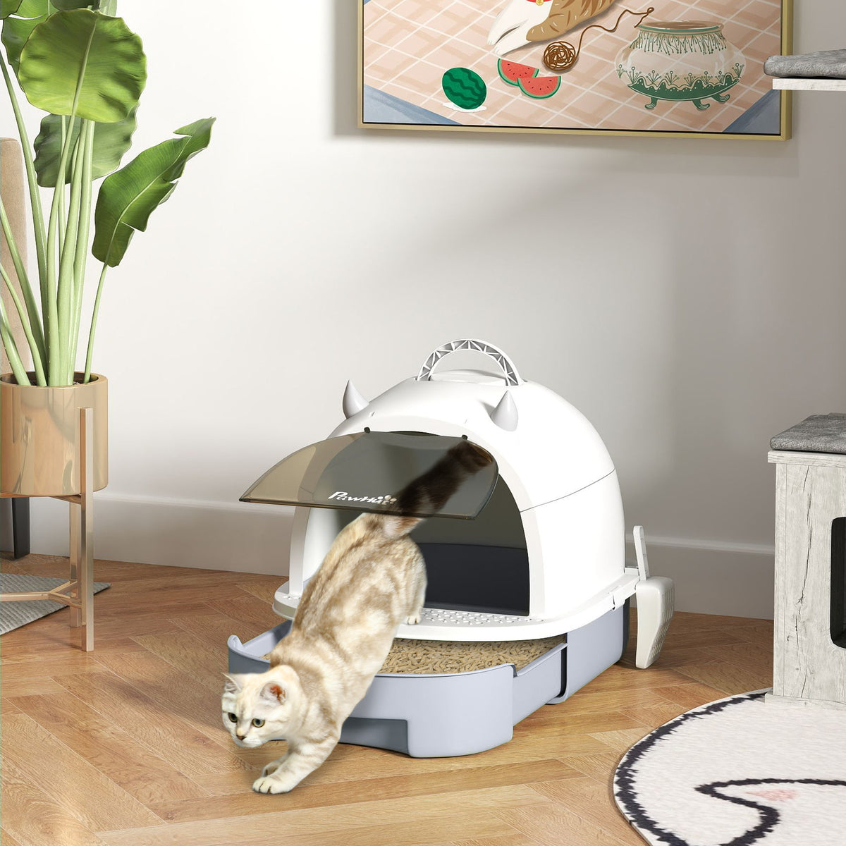 Maison de toilette pour chat bac à litière fermé chat poignée de transport porte translucide 40,5 x 52 x 39 cm gris-1