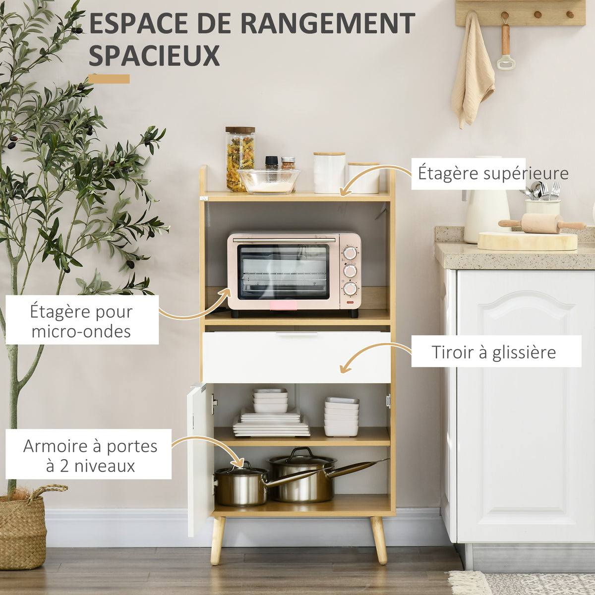Meuble desserte de cuisine pour micro-ondes avec placard tiroir étagère réglable 58 x 40 x 118 cm naturel et blanc-3