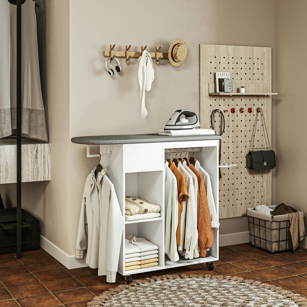 Armoire à repasser en bois table à repasser avec roulettes barre de suspension étagère 125 x 43,5 x 102,5 cm blanc-7