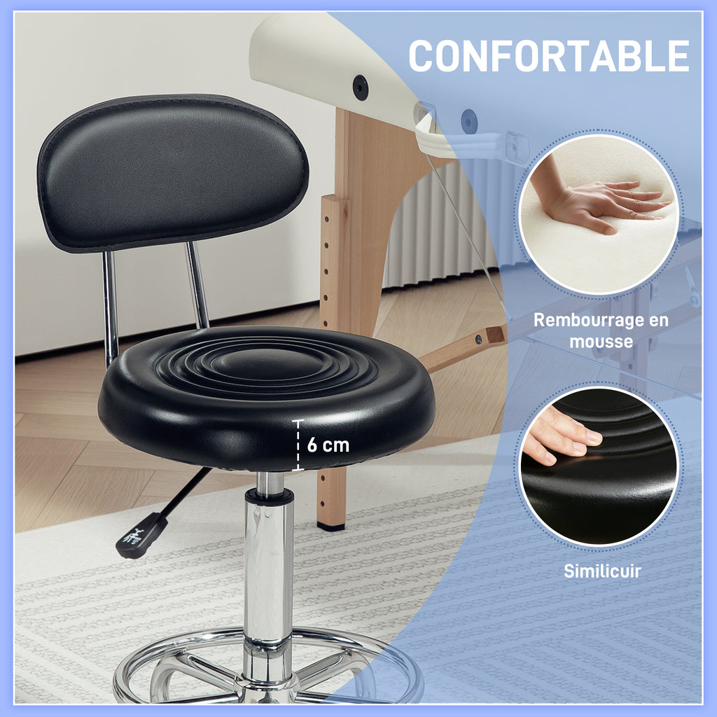 Tabouret à roulettes, tabouret de massage avec hauteur réglable 70-86 cm et dossier, pivotant 360°, noir-3