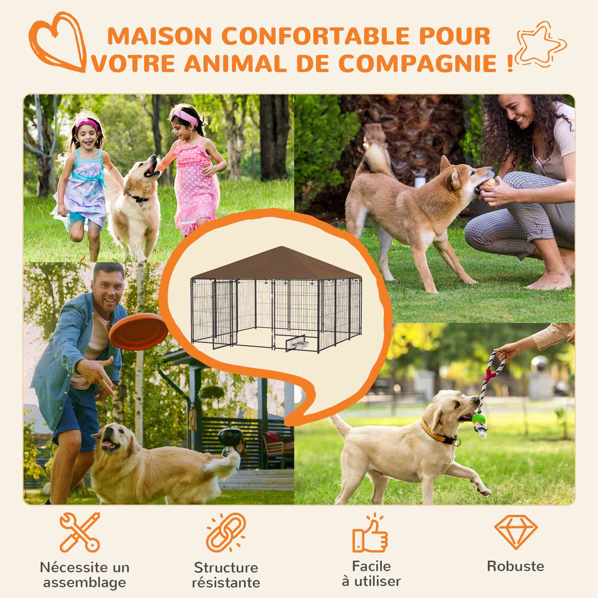 Chenil extérieur pour chiens en acier et tissu Oxford avec support gamelle toit 211 x 211 x 151 cm noir et café-3