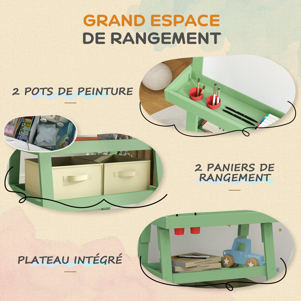 Tableau chevalet enfant 3 en 1 avec tableau blanc magnétique, tableau à craie, rouleau papier, 2 paniers, 3-6 ans, vert-4