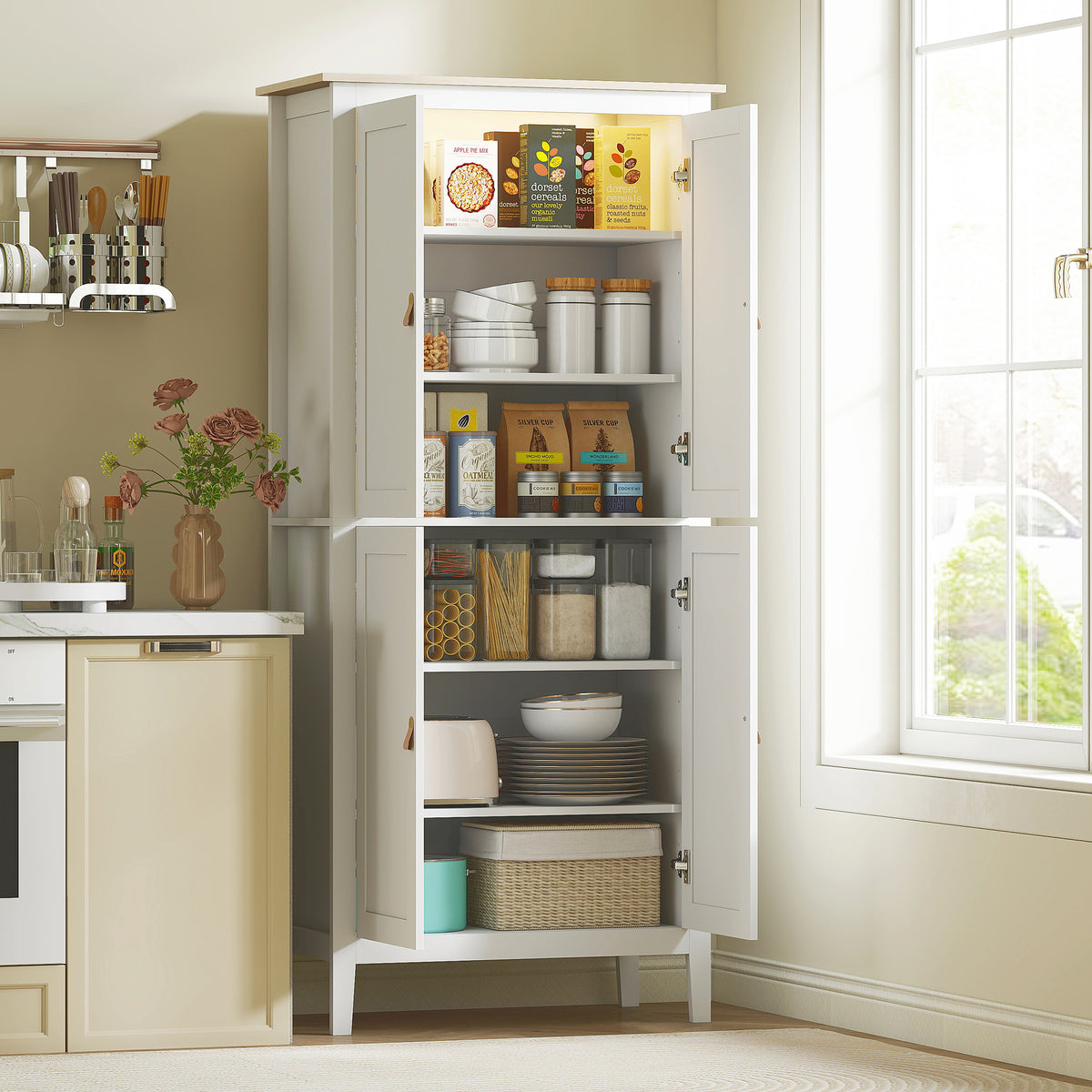 Buffet cuisine, meuble cuisine rangement haut avec LED réglable et détecteur de mouvement, 80 x 40 x 176,5 cm, blanc-1