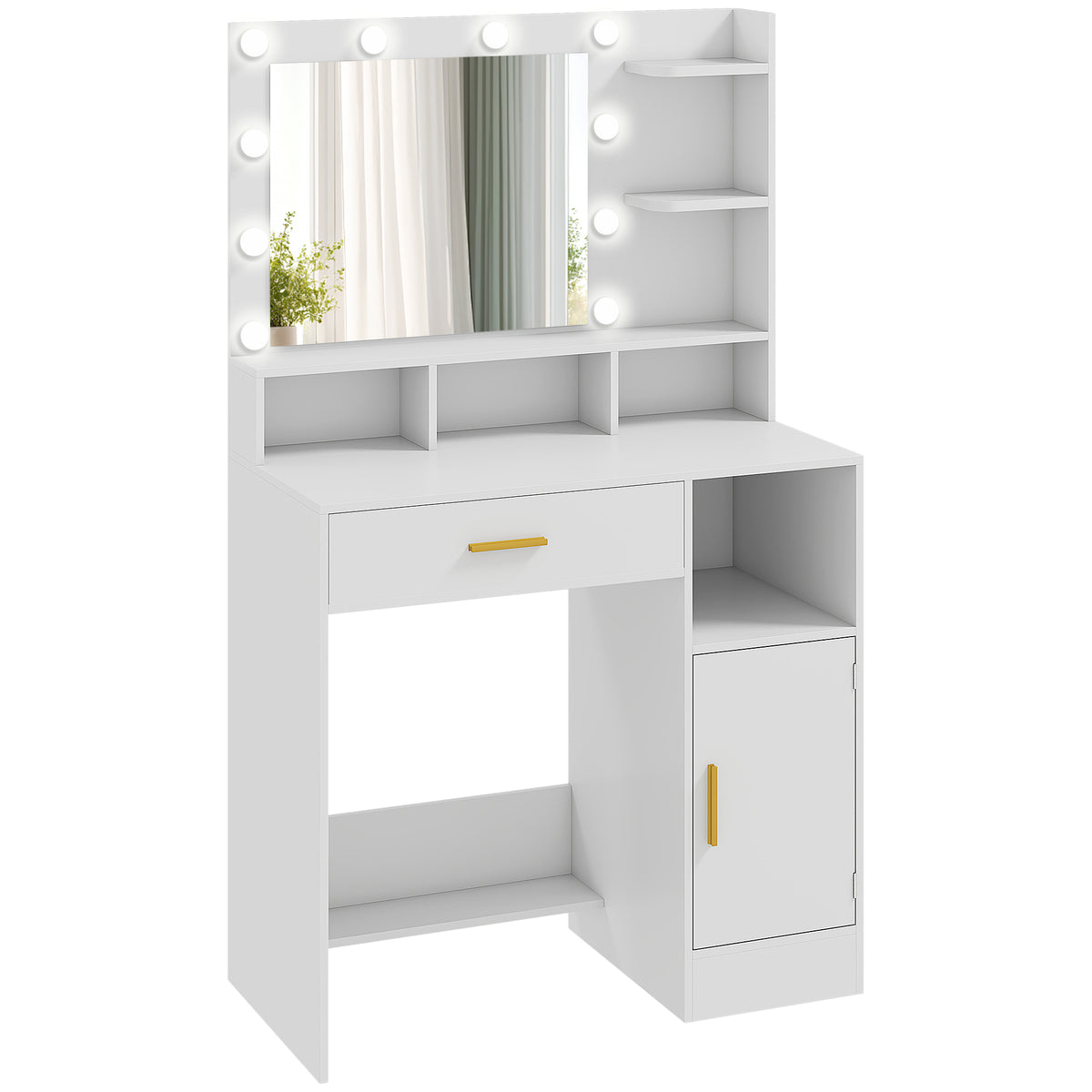 Coiffeuse avec miroir et 10 lumières LED, luminosité réglable, tiroir, placard et étagères ouvertes, 80x40x135cm, blanc-0