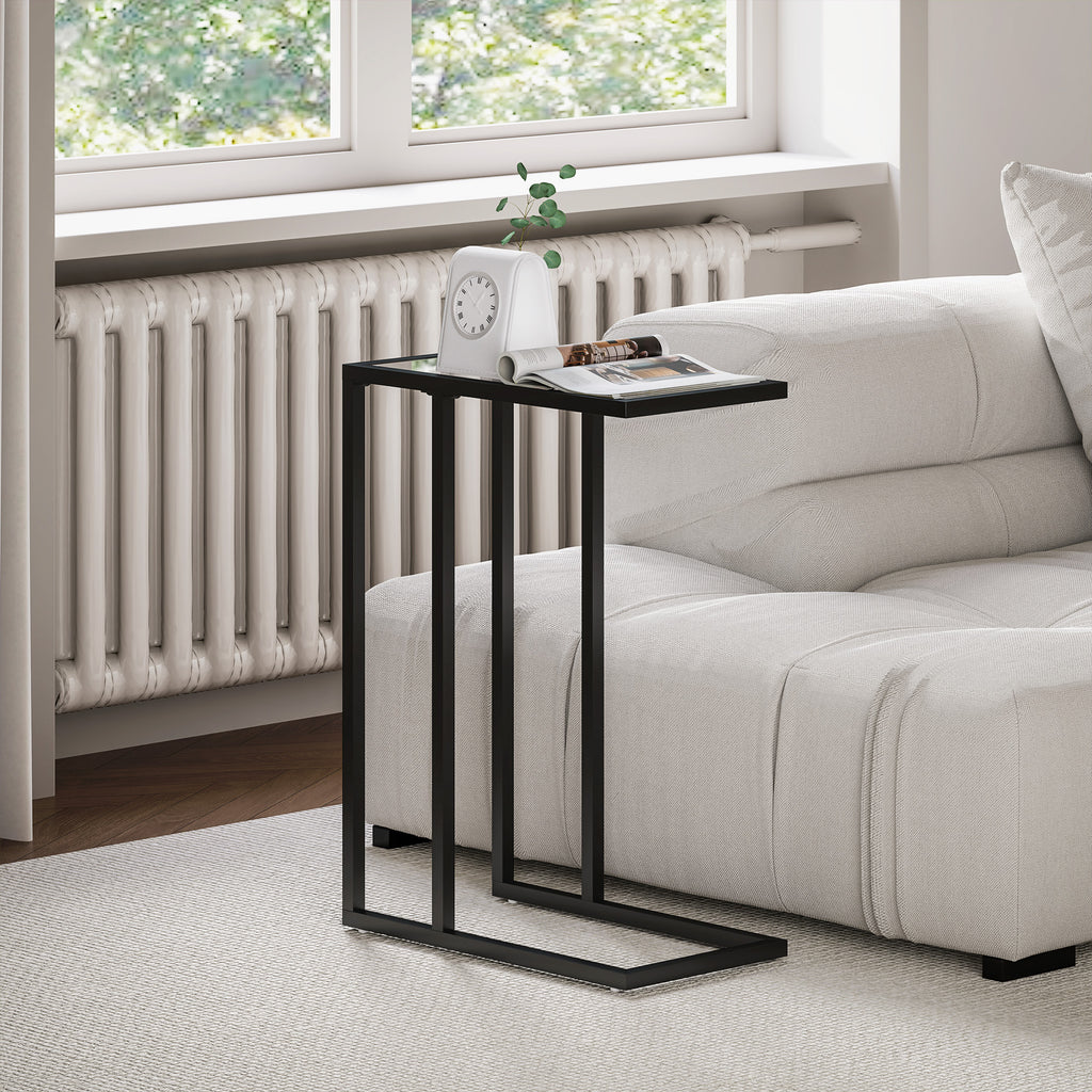 Table d'appoint en forme de C avec plateau en verre trempé, cadre en acier, noir-7