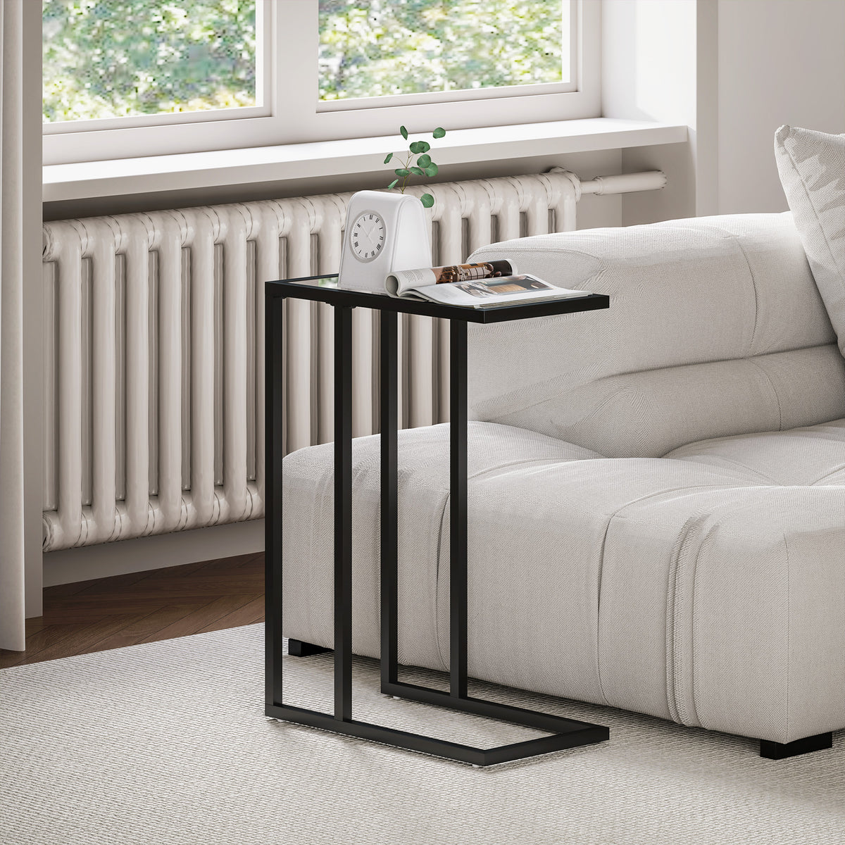 Table d'appoint en forme de C avec plateau en verre trempé, cadre en acier, noir-7