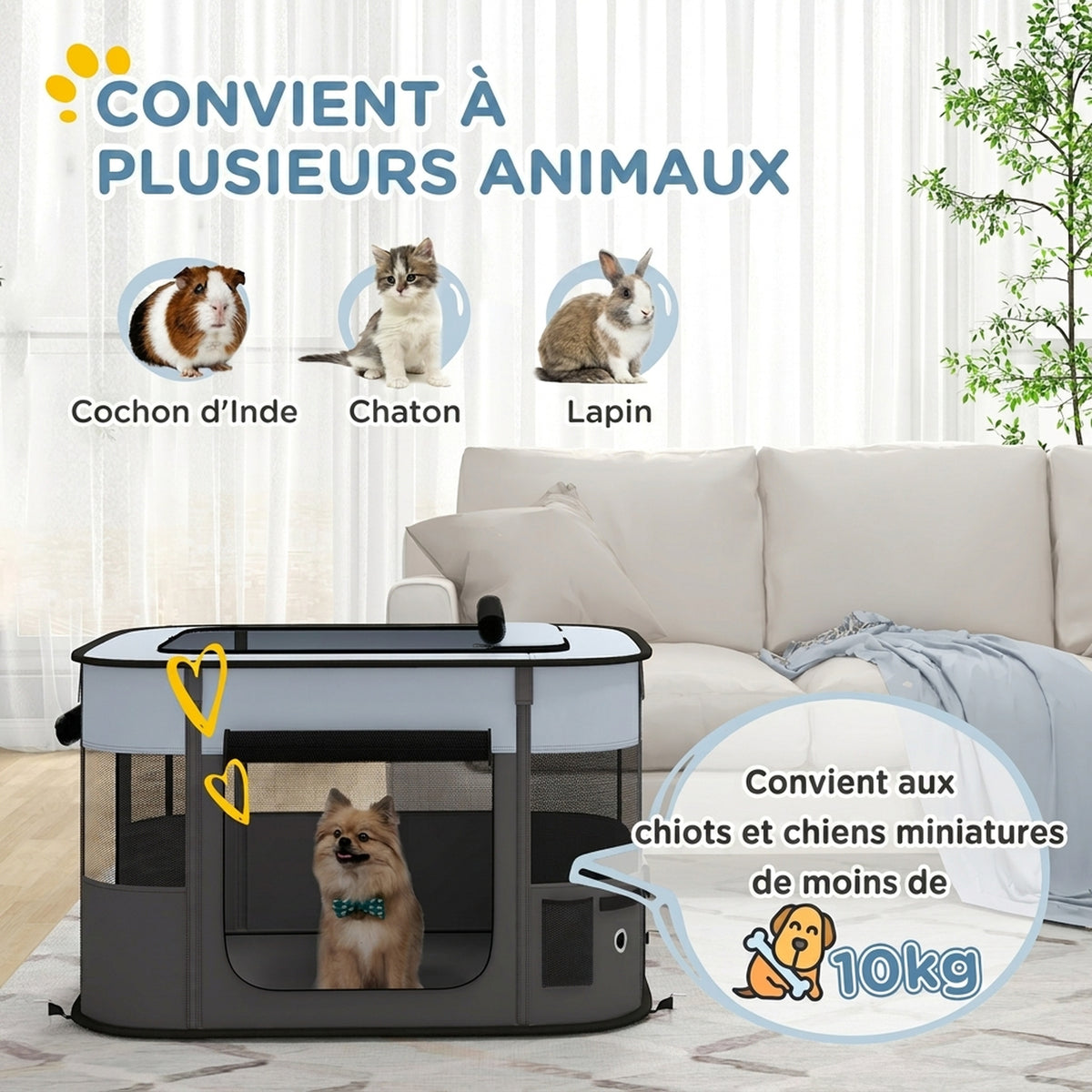 Parc enclos pliable pour chien chat petits animaux en tissu Oxford avec rangement 84 x 64 x 53 cm gris et noir-3
