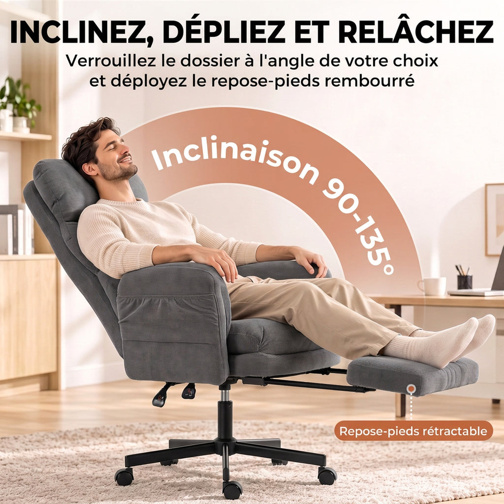 Chaise Bureau Ergonomique, Accoudoirs Rabattables, Appui-tête Réglable, Fauteuil Bureau Inclinable Velours Côtelé, Gris-4