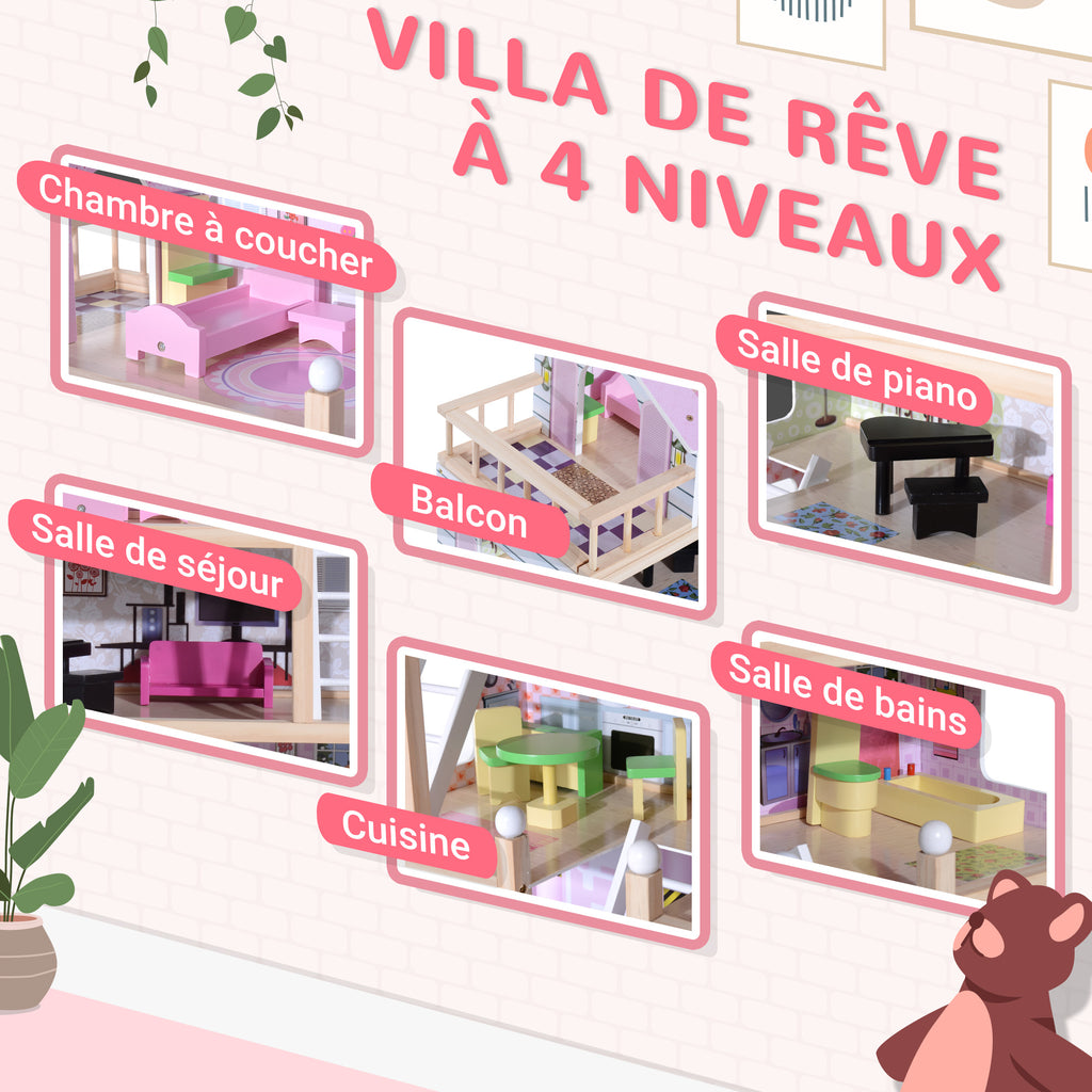 Maison de poupée en Bois Jeu d'imitation 4 Étages pour 3+ ans avec 13 Accessoires Grand réalisme Multi-équipement 60L x 30l x 80H cm Blanc et Rose-3