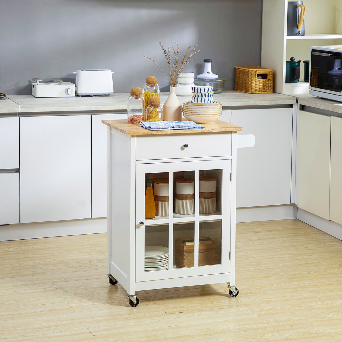 Desserte de cuisine à roulettes multi-rangement - placard porte vitrée avec étagère réglable, tiroir, porte-torchon - blanc aspect chêne clair-1