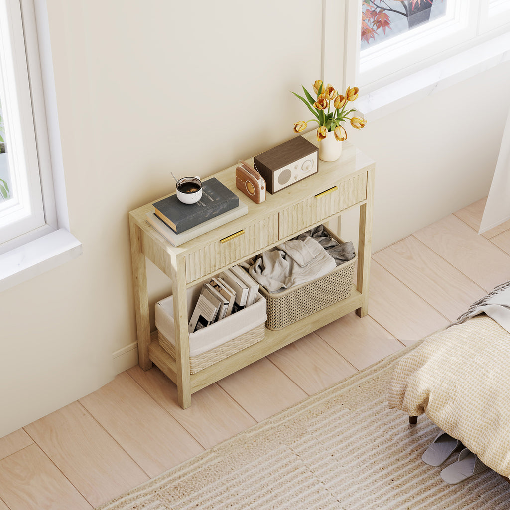 Console meuble 90 cm, table console étroite avec 2 tiroirs rainurés et étagère, style moderne, bois naturel-7