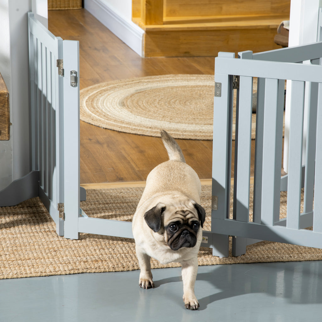 Barrière de Sécurité Chien Pliable Double Face en Bois, 4 Panneaux avec Porte, Pieds de Support, 205 x 60 cm, Gris-8