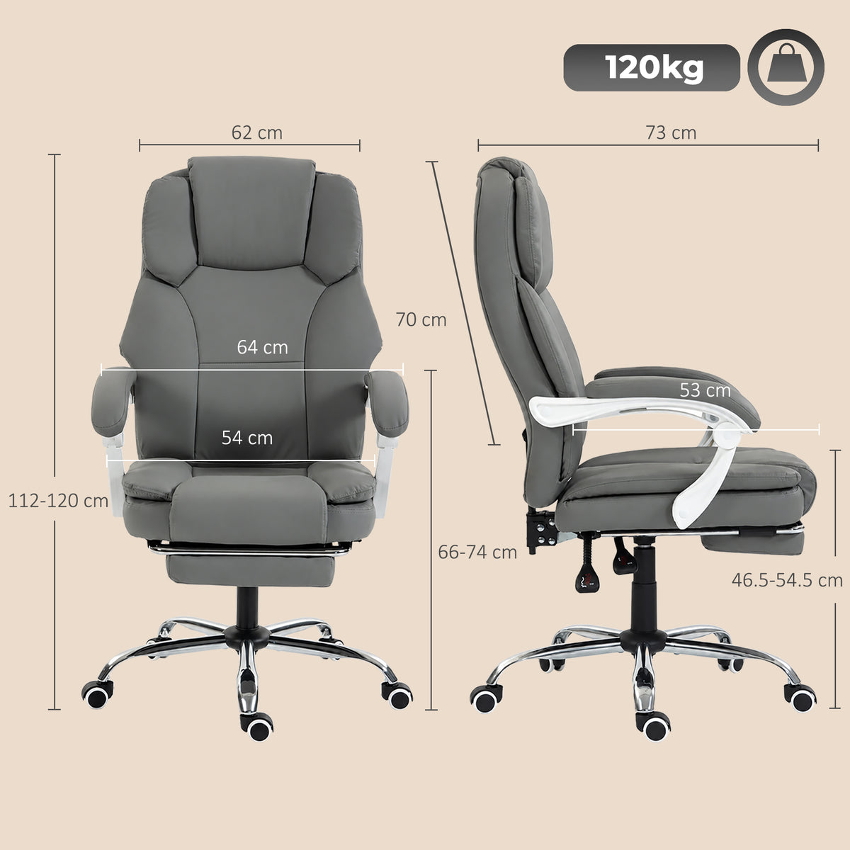 Chaise Bureau Ergonomique, Fauteuil de Bureau Inclinable en Cuir Synthétique Adapté aux Animaux, Hauteur Réglable, Gris-2