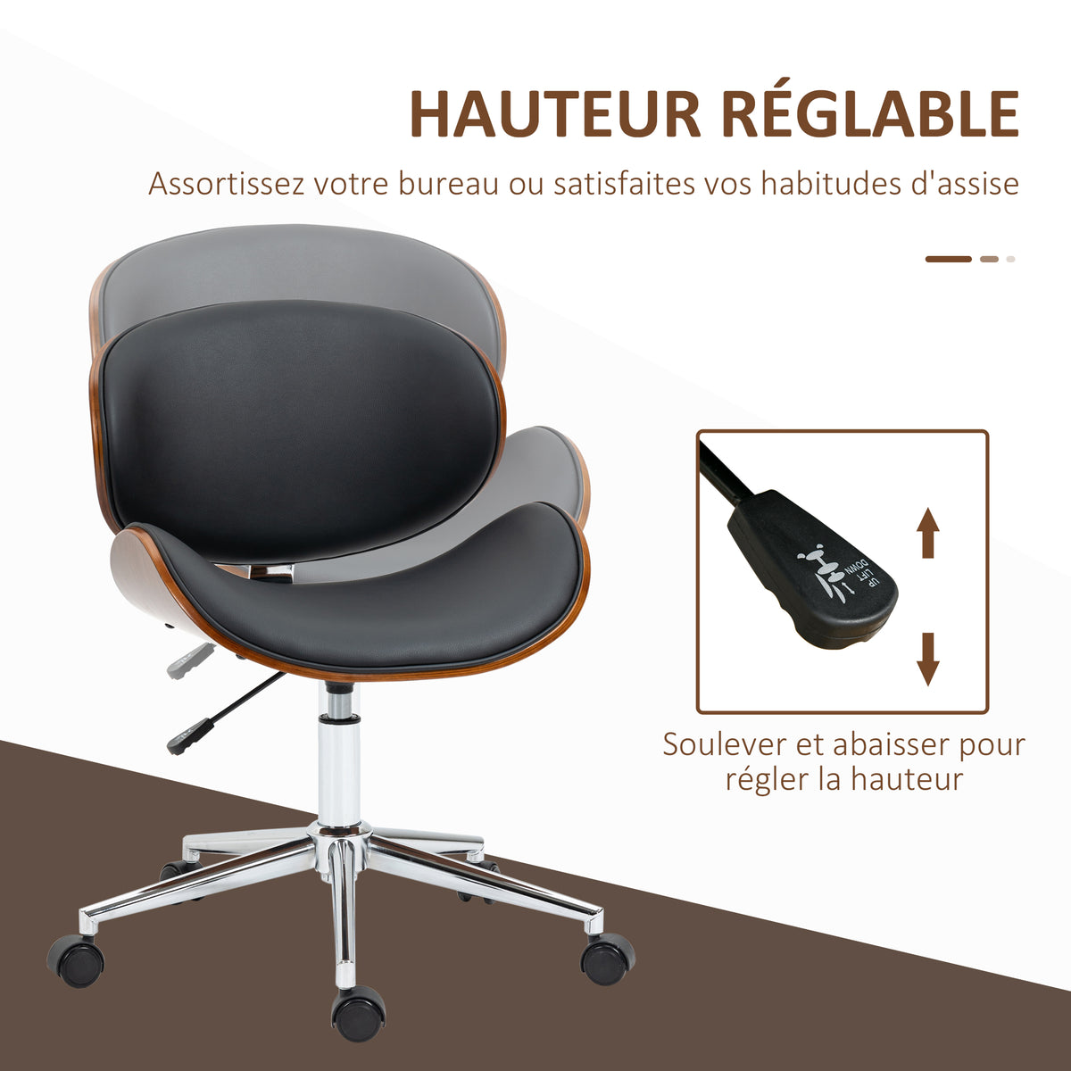 Chaise de bureau design vintage hauteur réglable pivotant 360° bois peuplier revêtement synthétique 53 x 53 x 77-87 cm-3