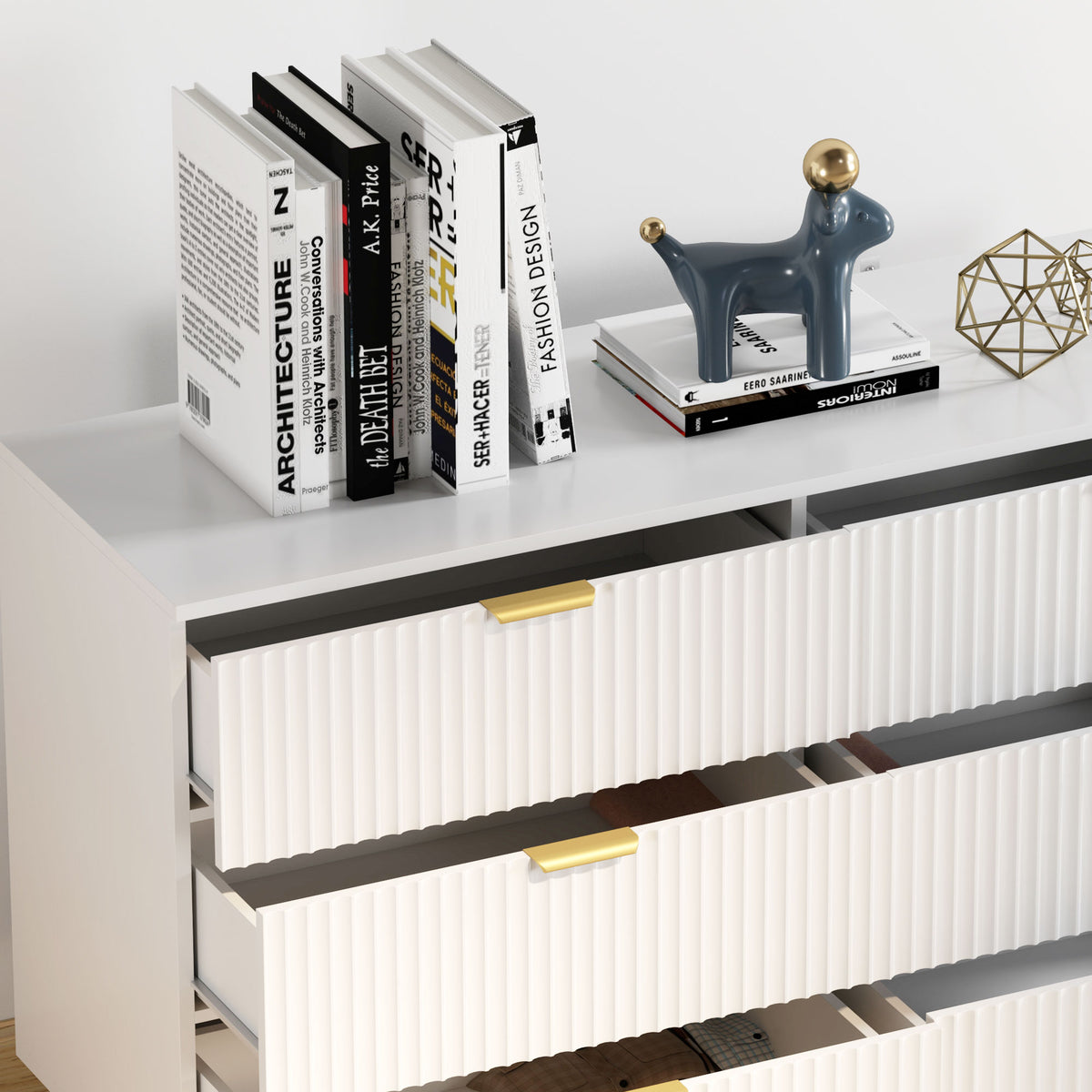 Commode 6 tiroirs commode chambre meuble de rangement moderne avec poignées et pieds dorés, 120 x 40 x 76,5 cm, blanc-8