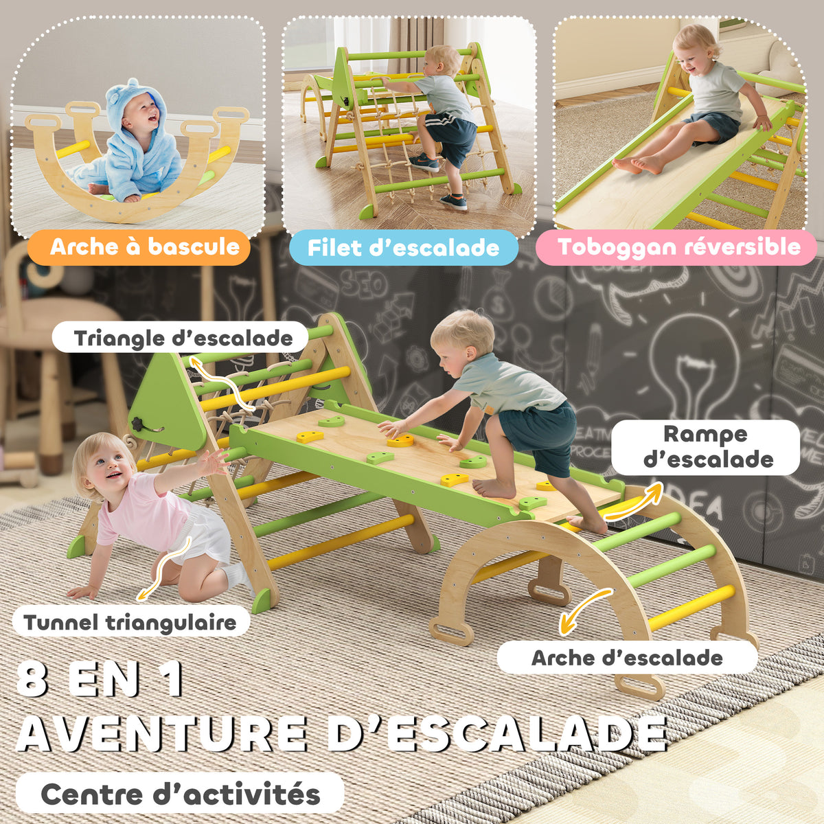 Triangle d'escalade enfants 8 en 1 avec rampe double face, arc d'escalade en bois avec toboggan & échelle, vert-3