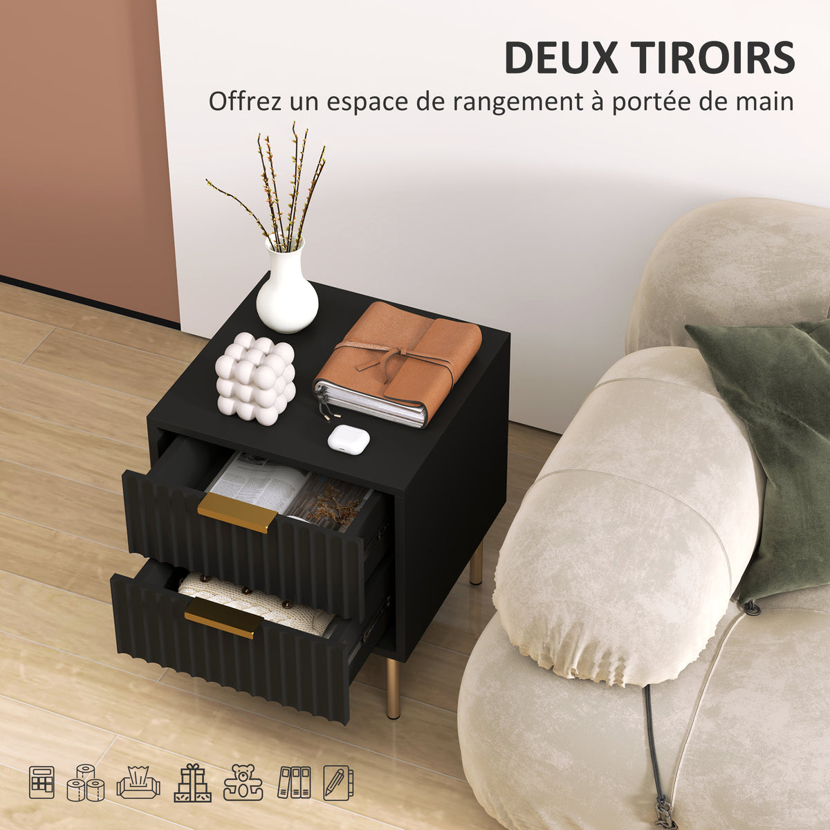 Table de chevet, table de nuit cannelée avec 2 tiroirs et pieds en acier, pour chambre à coucher, salon, noir-4