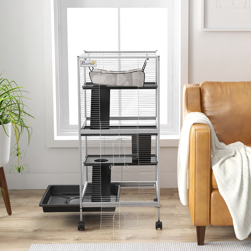Cage pour Petits Animaux Portable à 4 Niveaux avec Roulettes, 2 Portes, 3 Rampes, Hamac et Plateau Amovible-8