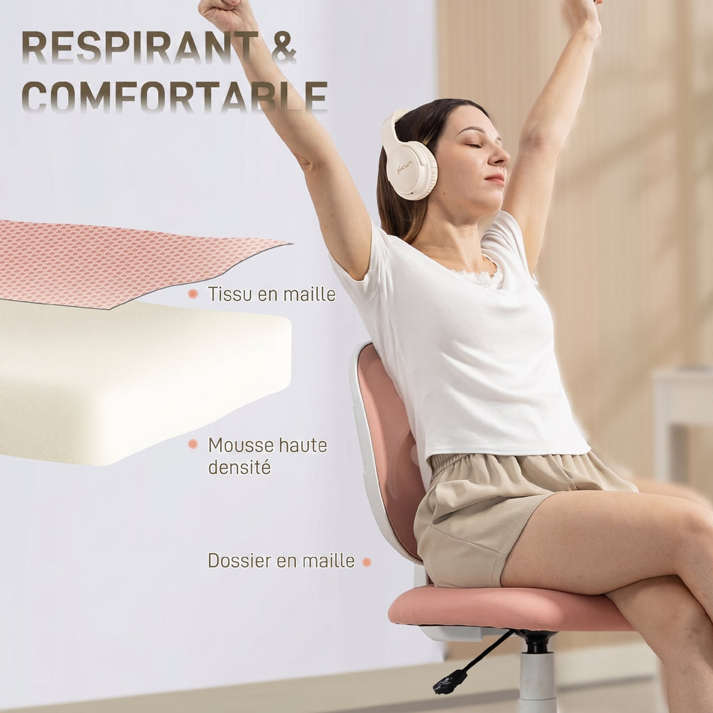 Chaise de Bureau Ergonomique sans Accoudoirs, Fauteuil de Bureau en Maille, Hauteur Réglable, Rose-4
