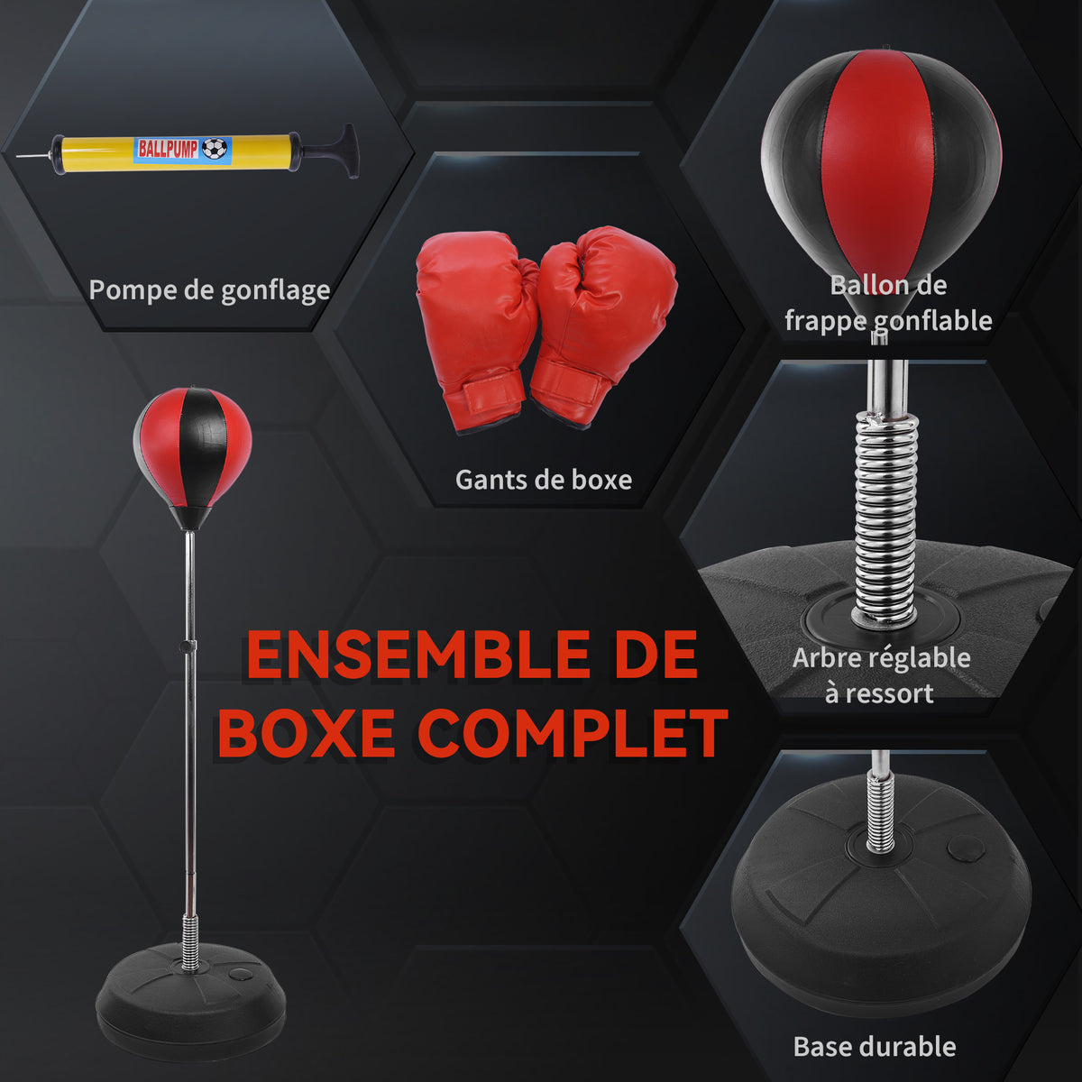 Sac de Frappe sur Pied Punching ball sur pied réglable en hauteur 126-144 cm avec gants, pompe et base de lestage pour adolescents et débutants noir et rouge-4