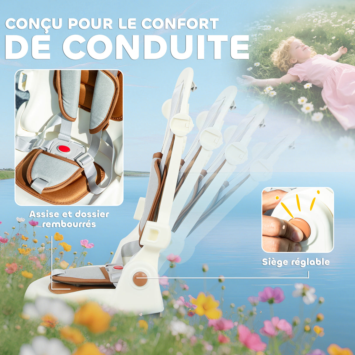 Tricycle bébé évolutif 5 en 1, tricycle enfant pliable avec poignée réglable, capote amovible, pour 1-3 ans, crème-6