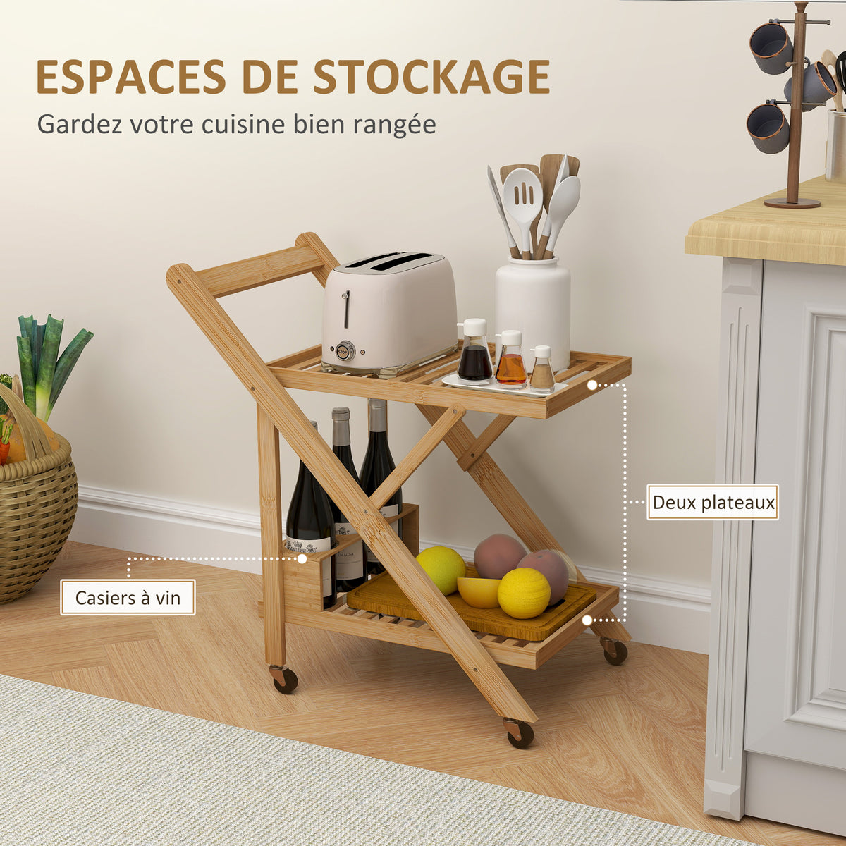 Desserte de cuisine en bambou chariot de service pliable 2 plateaux 4 roues 3 casiers à vin 66 x 40 x 70 cm bois naturel-3