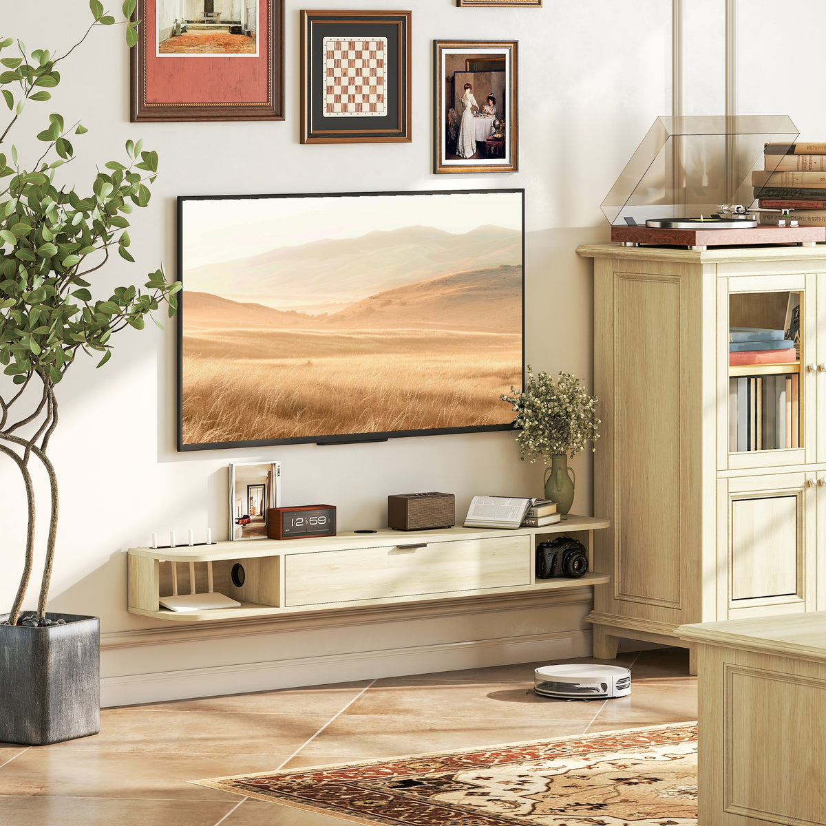 Meuble TV suspendu, meuble télé pour téléviseur jusqu'à 60 pouces, tiroir rabattable 2 étagères 140x24x16cm bois naturel-1