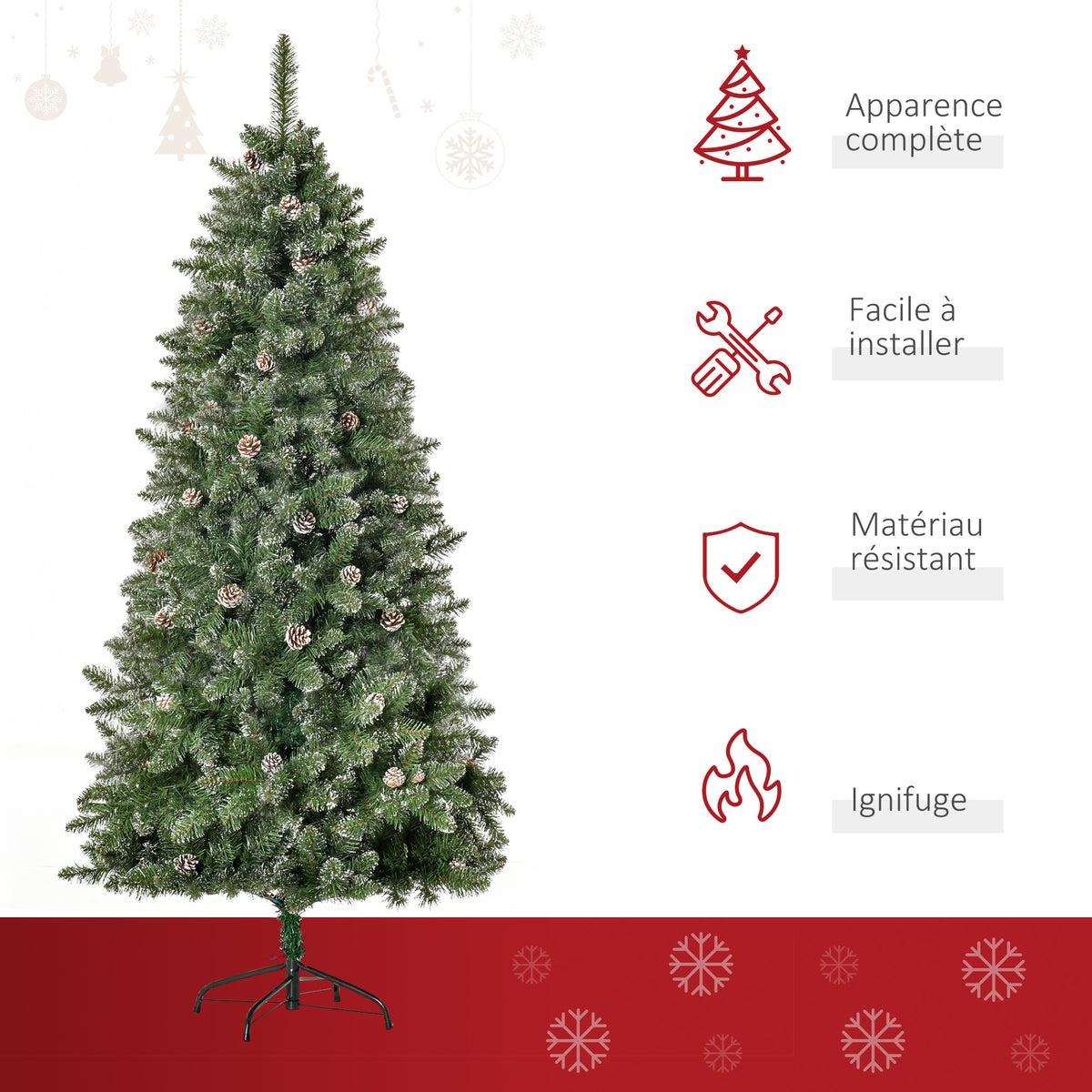 Sapin de Noël Artificiel Aspect enneigé 180H cm 50 Pommes de pin 718 Branches épines Imitation Nordmann Grand réalisme-3