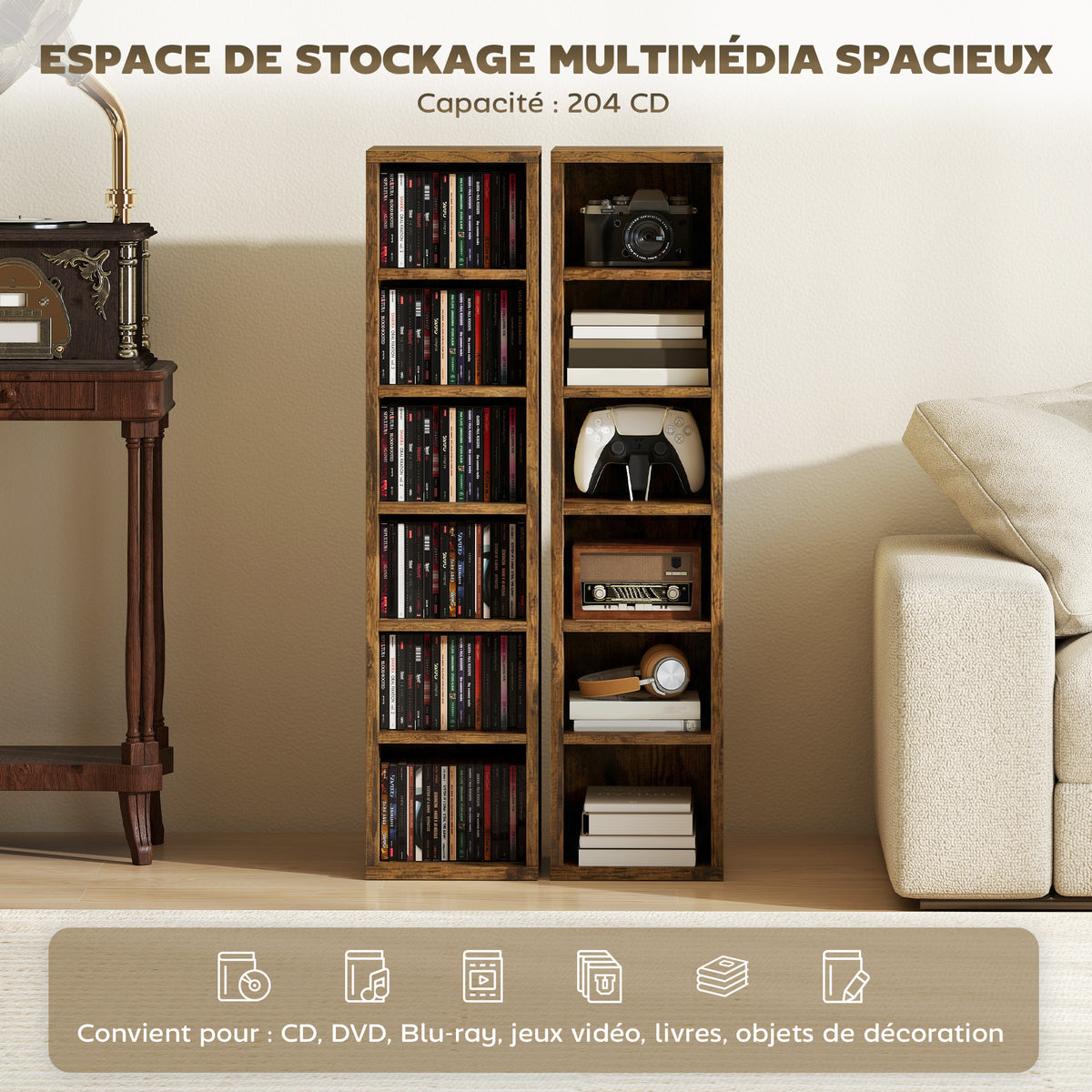 Lot de 2 étagères colonnes armoire de rangement CD-DVD 12 compartiments 21 x 22,5 x 88,5 cm capacité 204 CD marron-3