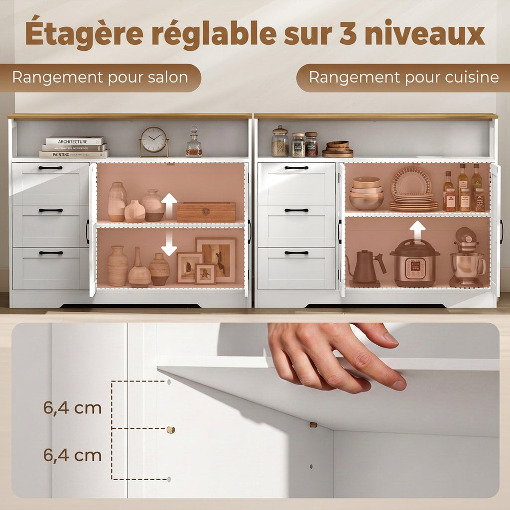 Buffet Cuisine, Meuble de Rangement avec 3 Tiroirs, 2 Portes Façon Grange, Plan de Travail et Compartiment Ouvert, Blanc-4