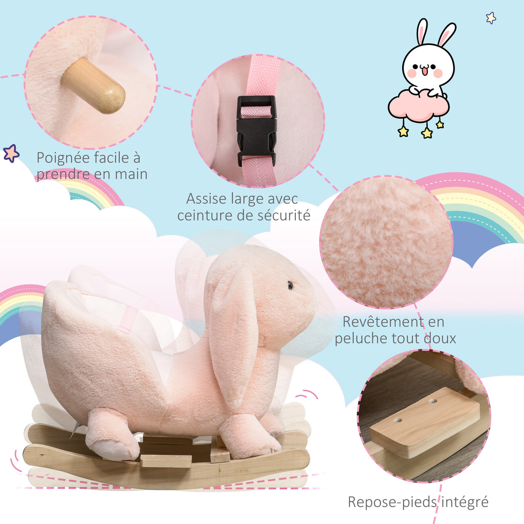 Cheval à Bascule Jouet à Bascule Lapin pour Enfants 18-36 Mois Fauteuil intégré Ceinture de sécurité Fonction sonore clapissement Rose-4