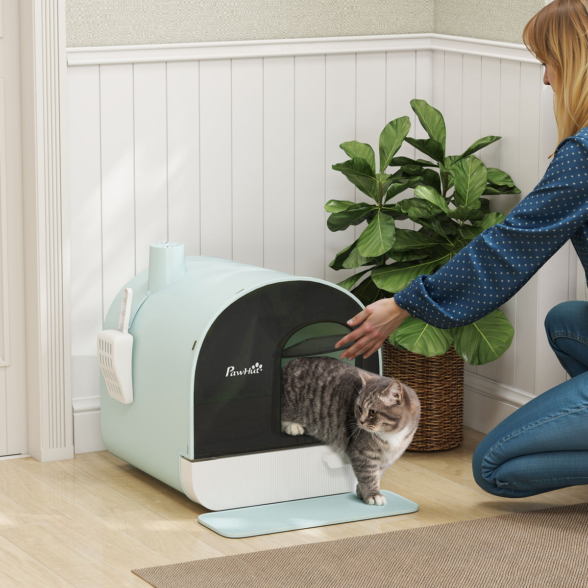 Maison de toilette pour chat avec tiroir amovible, bac à litière fermé avec tapis anti-trace, pelle, filtre anti-odeur et porte battante, nettoyage facile, 43 x 44 x 47 cm, vert-1