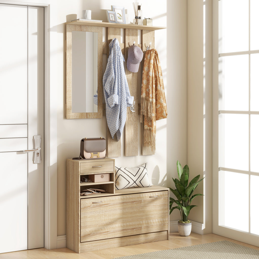Meuble d'entrée vestiaire panneau porte-manteau, miroir et banc à chaussures - 6 crochets 90x10x91cm effet bois naturel-1