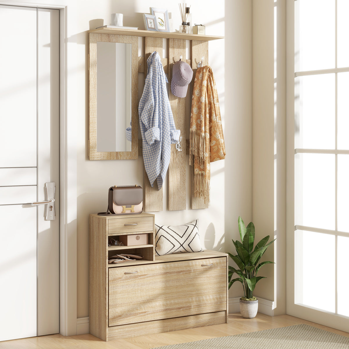 Meuble d'entrée vestiaire panneau porte-manteau, miroir et banc à chaussures - 6 crochets 90x10x91cm effet bois naturel-1