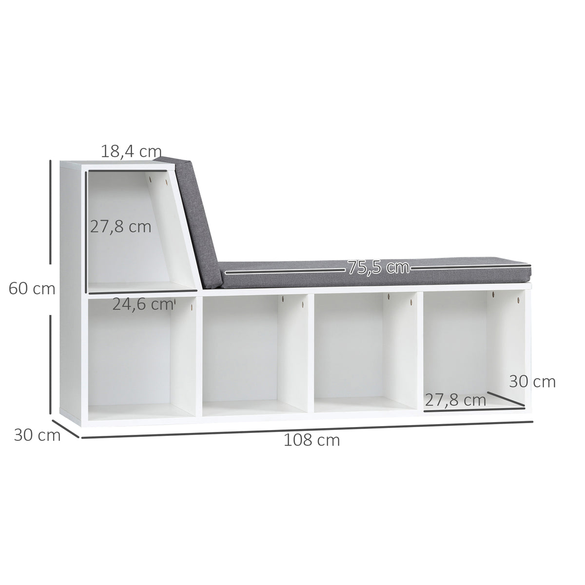 Bibliothèque banc 2 en 1 avec 5 compartiments de rangement et 2 coussins 108 x 30 x 60 cm blanc gris-2