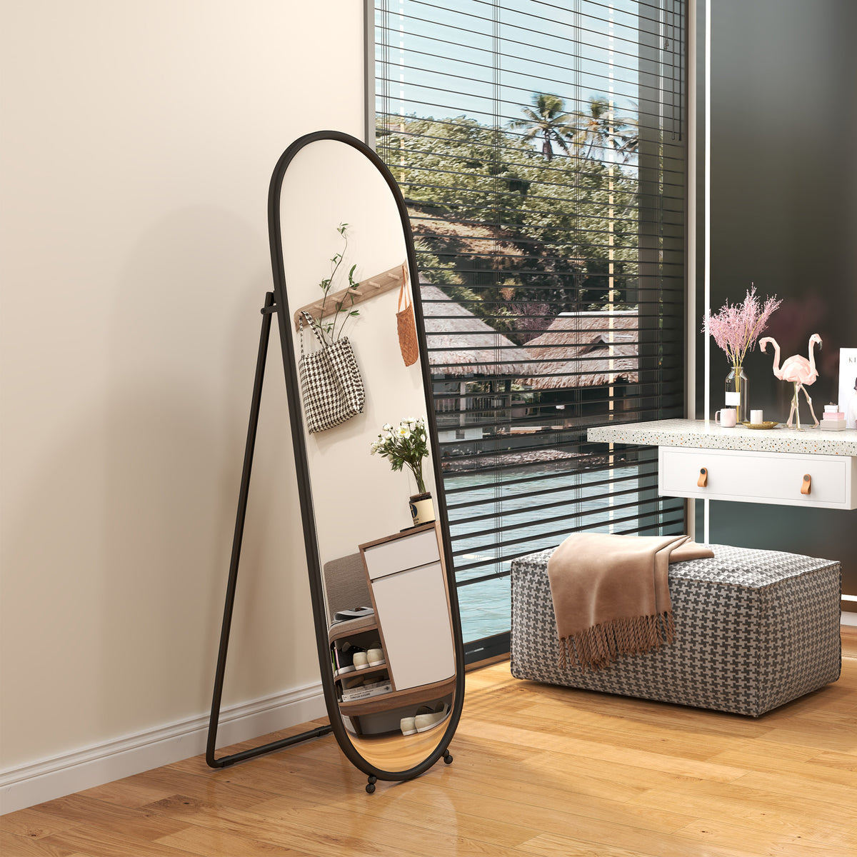 Grand miroir sur pied, miroir ovale, cadre en métal noir, avec support pour entrée, chambre, dressing, 40 x 160 cm-1