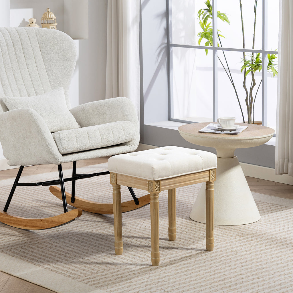 Repose pied salon, ottoman, siège rembourré en tissu aspect lin avec pieds en bois d'hévéa, 42 x 32 x 46,5 cm, beige-1