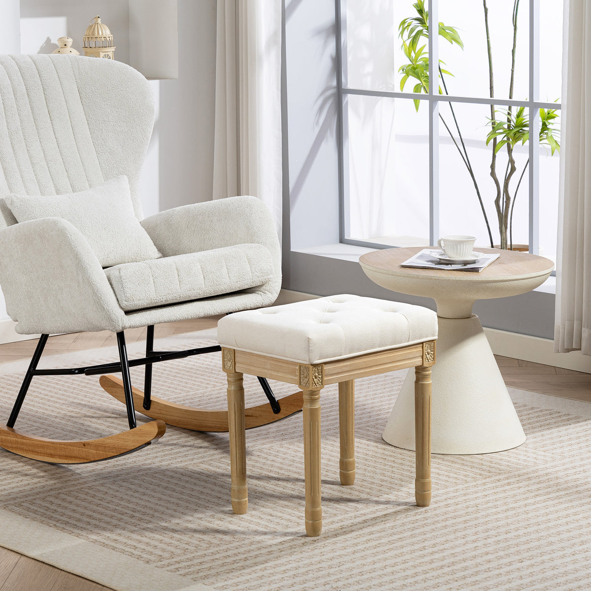 Repose pied salon, ottoman, siège rembourré en tissu aspect lin avec pieds en bois d'hévéa, 42 x 32 x 46,5 cm, beige-1
