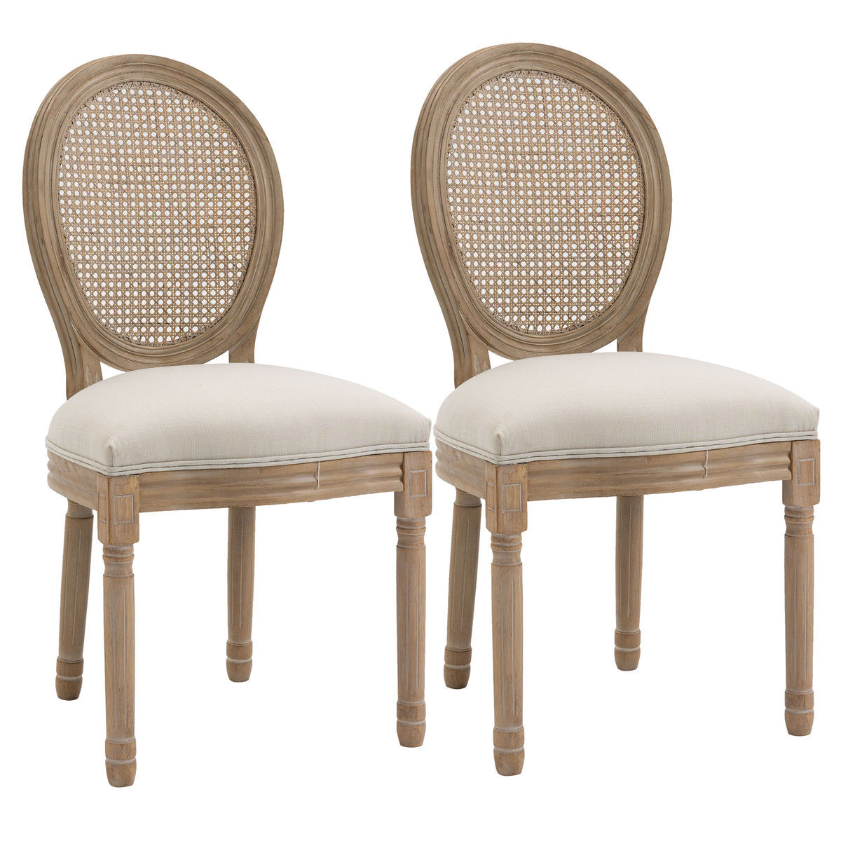 Lot de 2 chaises de Salle à Manger - Chaise de Salon médaillon Style Louis XVI - Bois Massif sculpté, patiné - Dossier cannage - Aspect Lin Crème-0