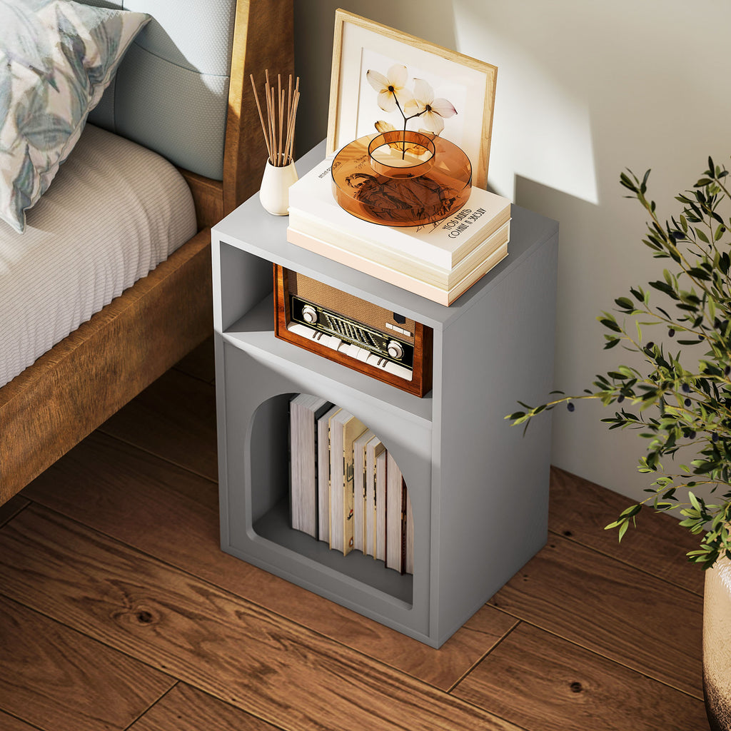 Table de chevet, table de nuit avec compartiments ouverts, design arqué, 40 x 30 x 60 cm, gris-7