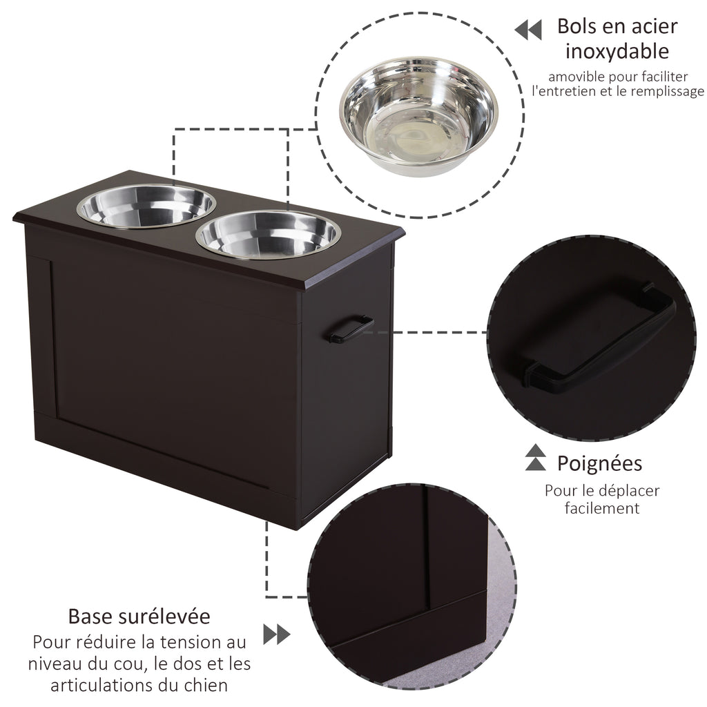 Gamelles chiens surélevées gamelle double chien chat Porte-gamelles surélevé 60L x 30l x 41H cm bois chocolat-5