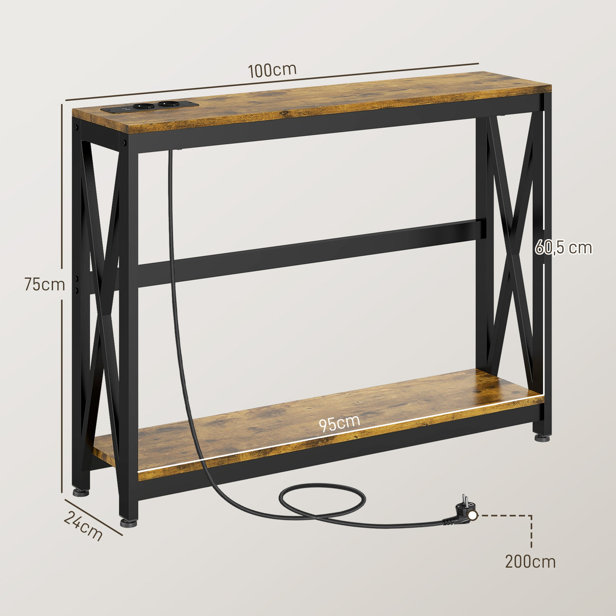 Console meuble étroite à 2 niveaux style industriel avec prises de courant et USB, 100 x 24 x 75 cm, marron-2